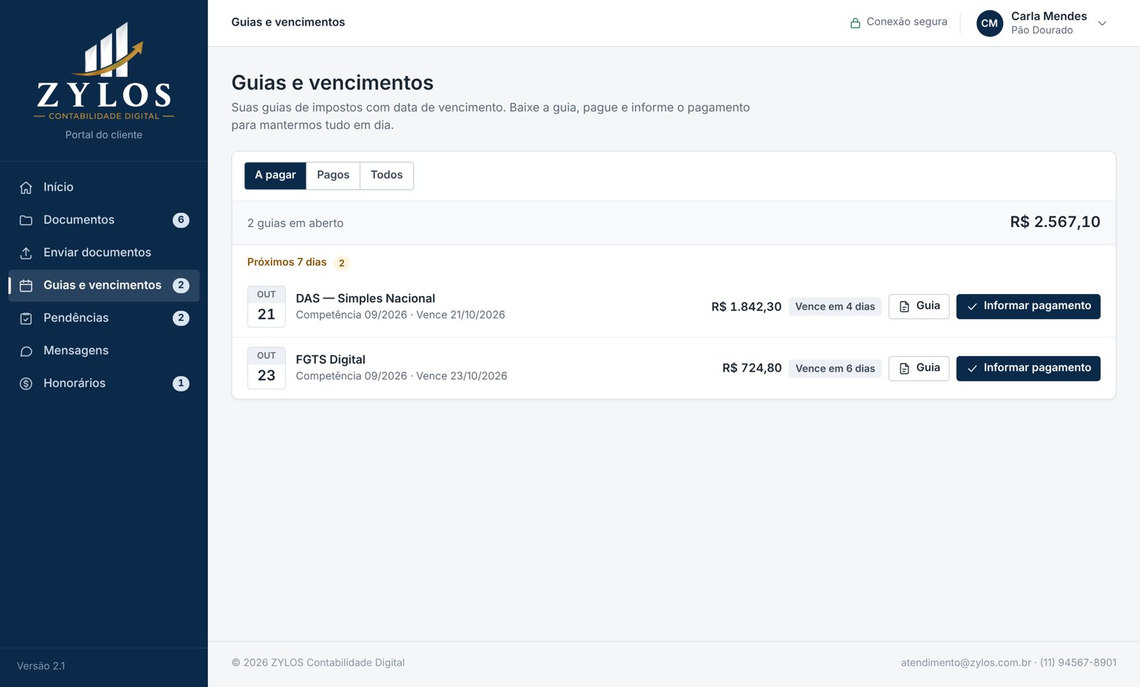 Agenda de guias e vencimentos no Portal do Cliente ZYLOS
